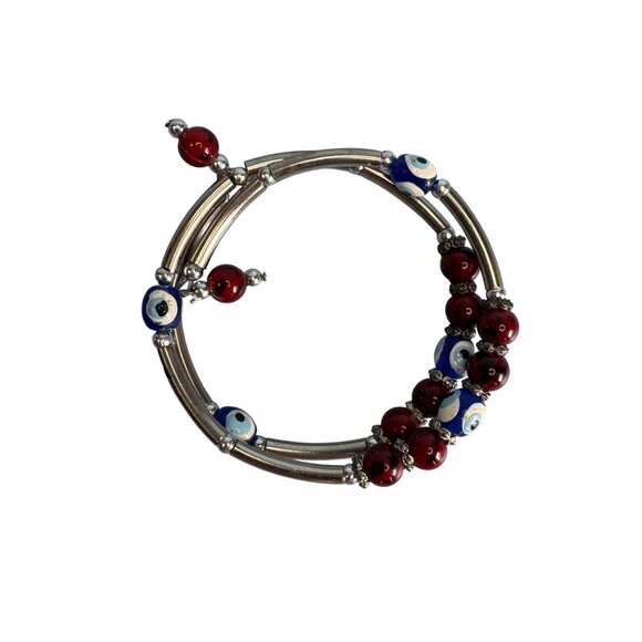 Murano Glass Evil Eye Beaded Wrap Bracelet Red & Blue Silver Tone Adjustable Han - Picture 4 of 7